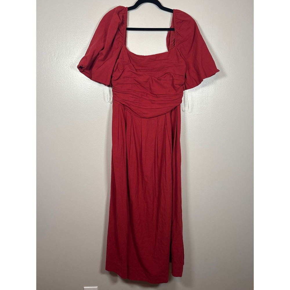 Bohme Red Puff Sleeve Ruched Smocked Midi Dress BHM1111WD Womens Large
